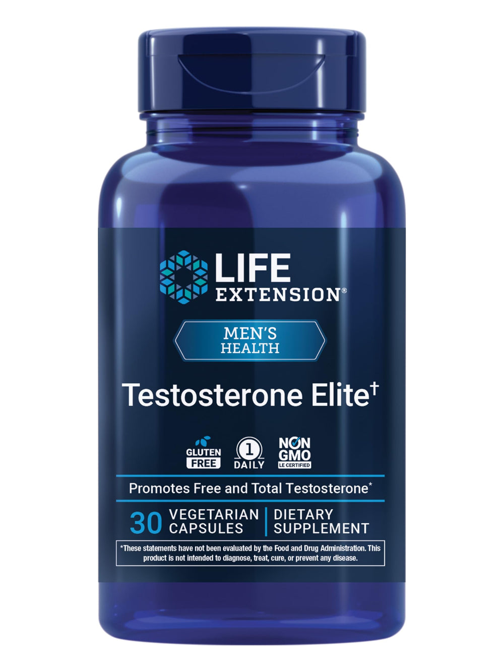 Life Extension Testosterone Elite bottle with capsules for daily support of testosterone levels