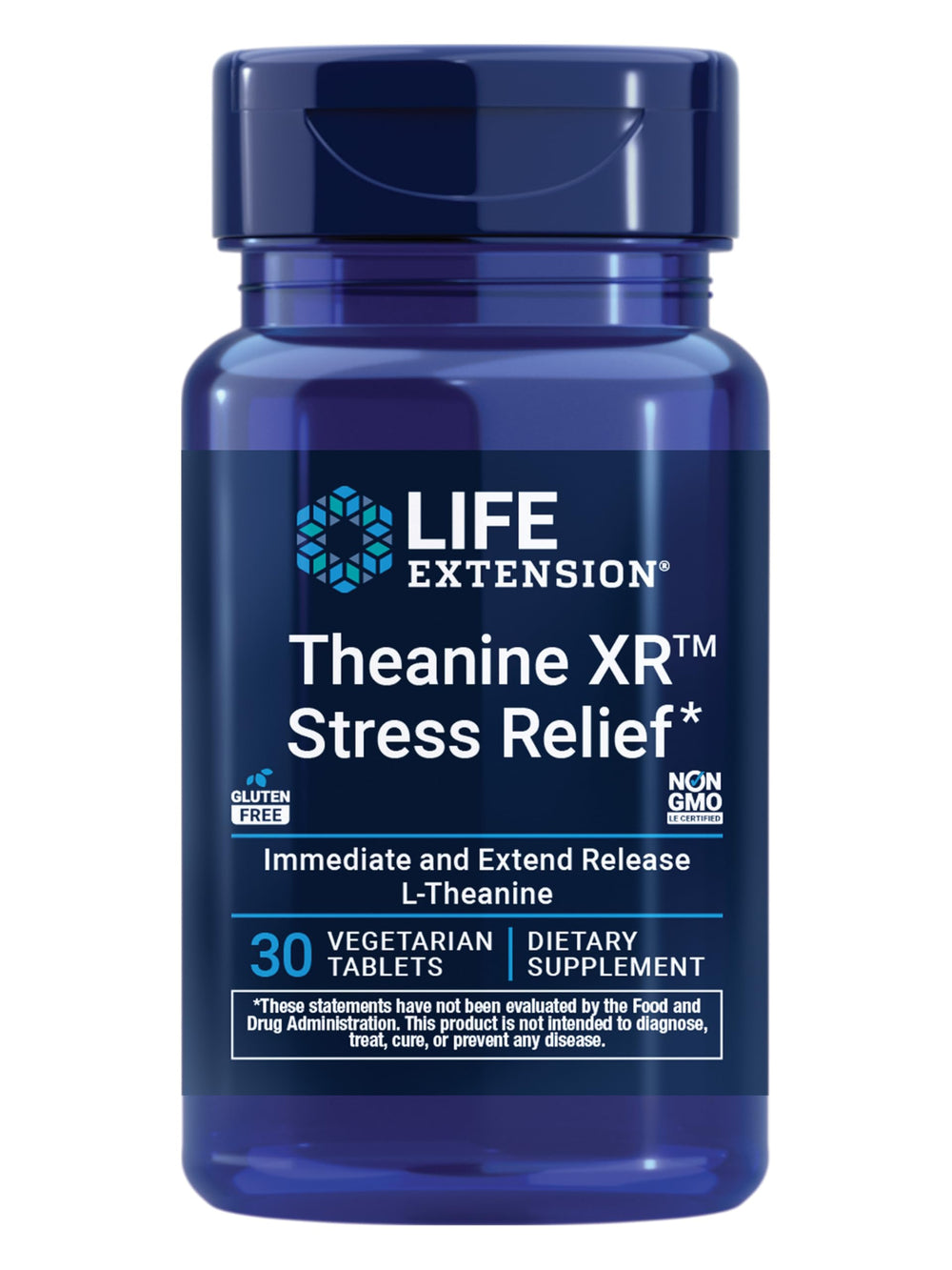 Life Extension Theanine XR Stress Relief bottle promoting daytime calm and focus.