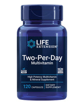 Life Extension Two-Per-Day bottle front showcases a comprehensive daily multivitamin for everyday wellness.