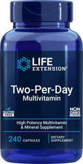 Life Extension Two-Per-Day bottle close-up for daily wellness foundation.