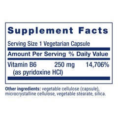 Life Extension Vitamin B6 capsules close-up showing 250 mg dosage