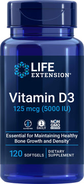 Life Extension Vitamin D3 bottle with softgels supports bone and immune health.