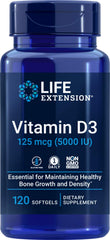 Life Extension Vitamin D3 bottle with softgels supports bone and immune health.