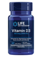 Life Extension Vitamin D3 bottle shows daily dosage for bone and immune support.