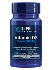 Life Extension Vitamin D3 bottle shows daily dosage for bone and immune support.