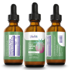 Close-up of Life-Flo iodine label on bottle