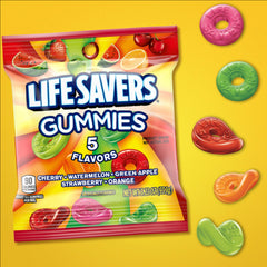 Life Savers 5 Flavors gummy candy bag contents closeup, vibrant colors inviting tastiness.