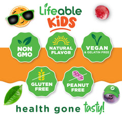 Lifeable B Complex Kids vegan formula badge and Vitamin C.