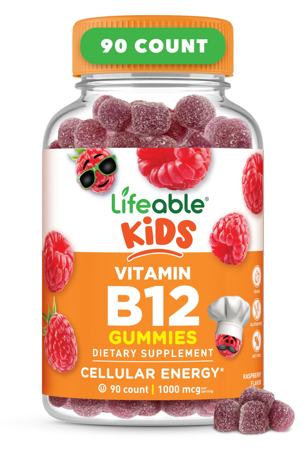 Lifeable B12 for Kids raspberry gummies in a jar show the product and color