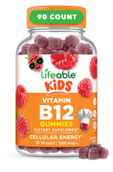 Lifeable B12 for Kids raspberry gummies in a jar show the product and color