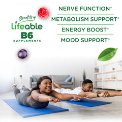 Lifeable B6 gummies highlight vegan ingredients and plant-based nutrition.