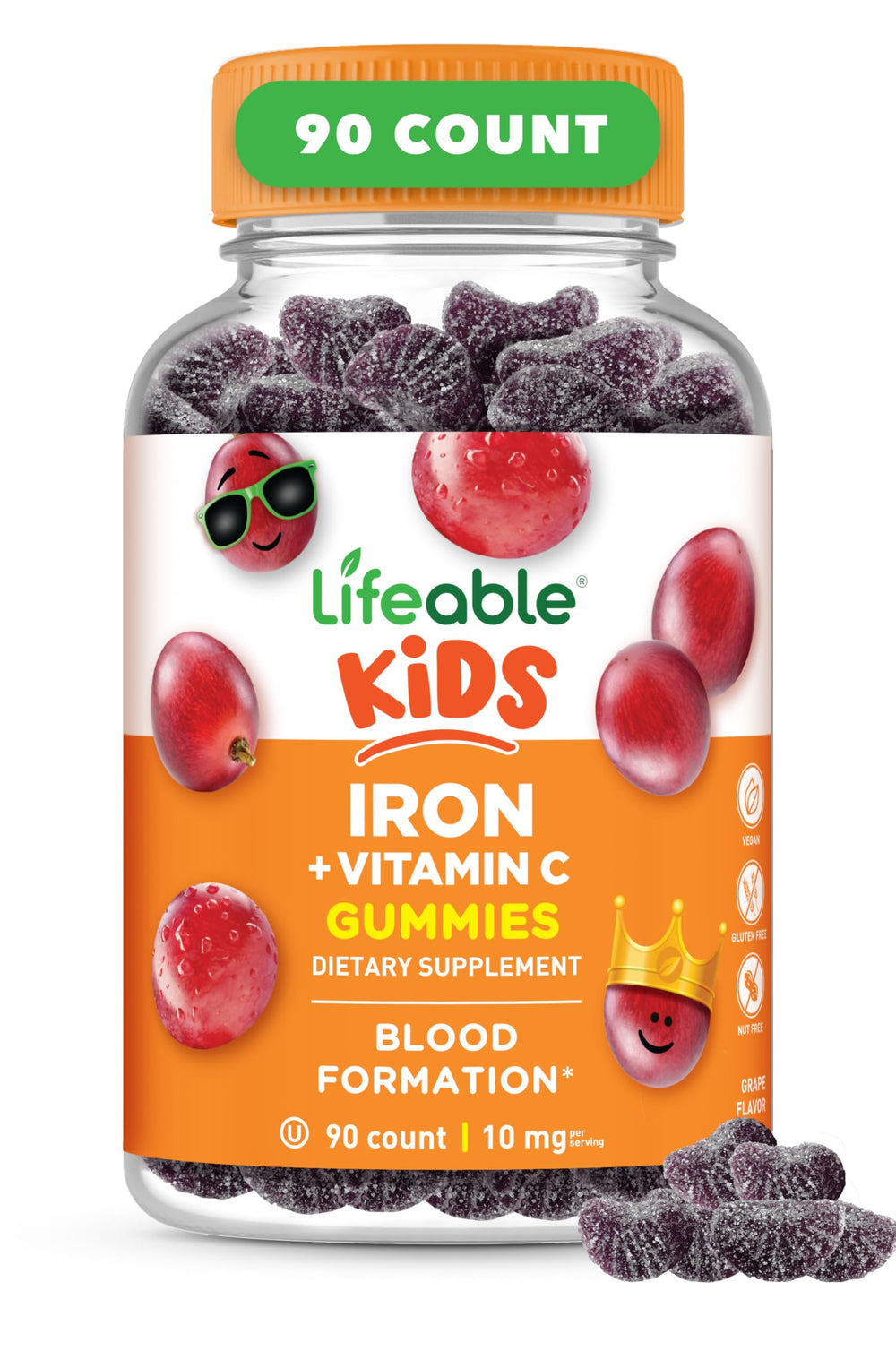 Lifeable iron gummies for kids in a bottle with 10 mg per serving.