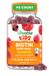 Lifeable Kids Biotin Gummies bottle with raspberry flavor supports daily hair nourishment.