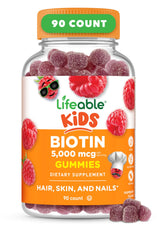 Lifeable Kids Biotin Gummies bottle with raspberry flavor supports daily hair nourishment.