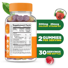 Lifeable Kids Calcium D3 gummies closeup with two gummies highlighting chewable daily bone support.