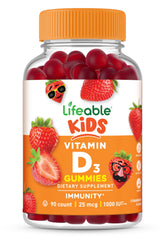 Lifeable Kids D3 Gummies bottle front showing 90-count supply for daily bone and immune support.