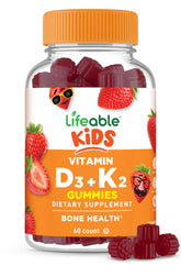 Lifeable Kids D3 K2 Gummies bottle showcases bone-supporting nutrition.