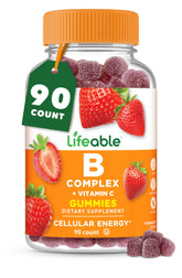 Lifeable Vitamin B Complex Gummies bottle front highlighting strawberry flavor for daily energy support.
