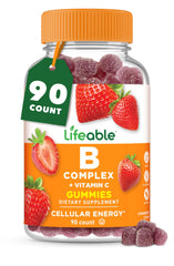 Lifeable Vitamin B Complex Gummies bottle front highlighting strawberry flavor for daily energy support.