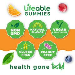 Lifeable B Complex Gummies vegan certification badge signals plant-based ingredients.