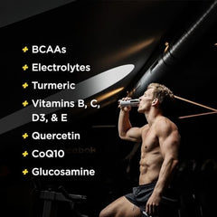 Graphic showing FITAID Recovery Blend BCAAs and added nutrients for muscle support