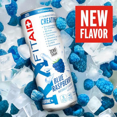 Close-up of Lifeaid Fitaid Rx + Creatine blue raspberry label highlighting vegan and gluten-free details