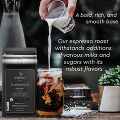 Lifeboost espresso crema in cup reveals bold flavor and smooth finish.