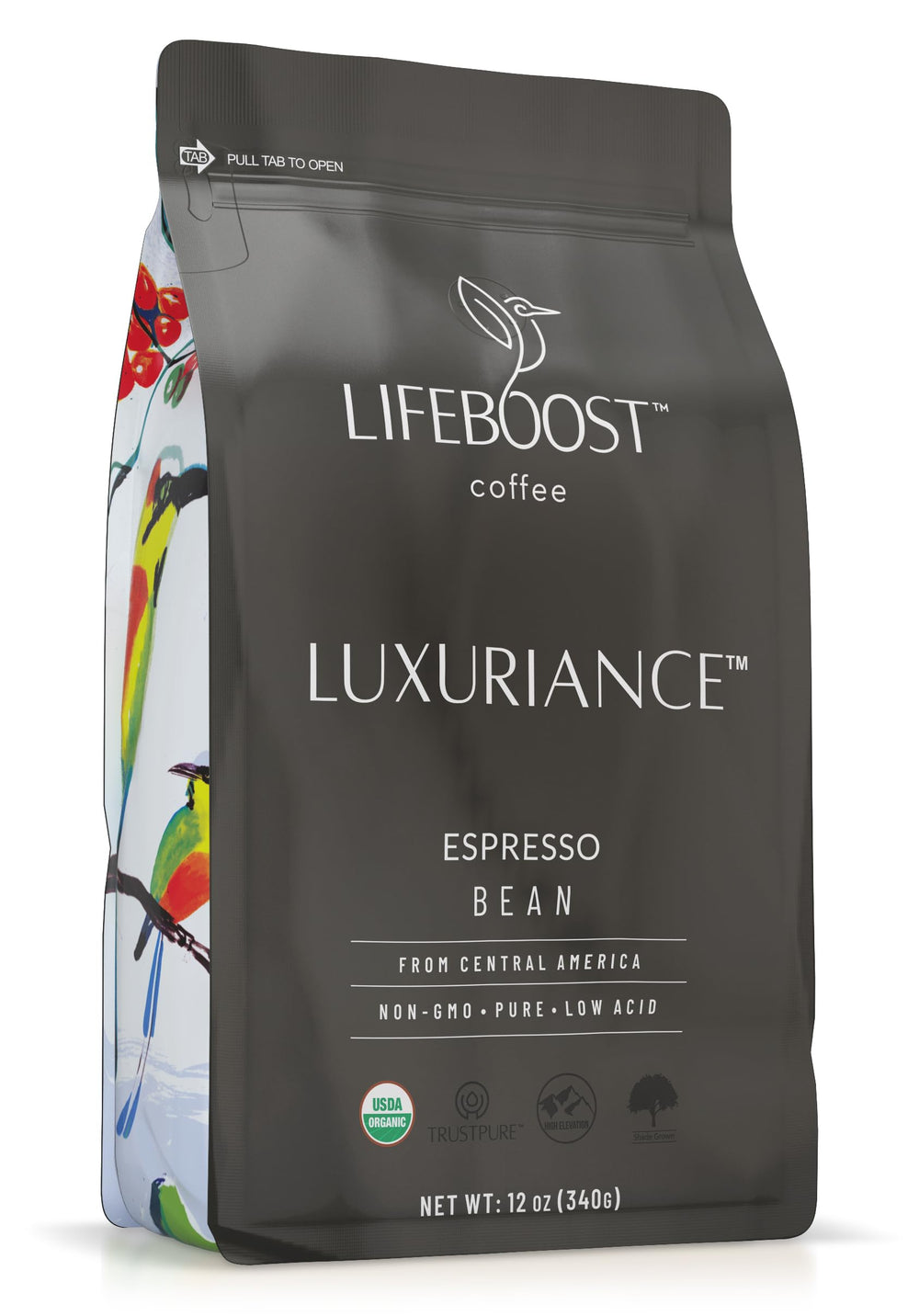 Lifeboost Organic Espresso Whole Bean bag front view showing organic, non-GMO quality.
