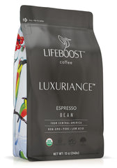 Lifeboost Organic Espresso Whole Bean bag front view showing organic, non-GMO quality.
