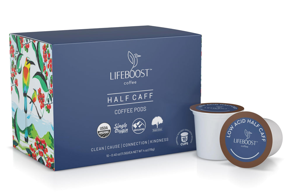 Lifeboost Half Caff coffee pods pack for convenient, low-acid brewing at home.