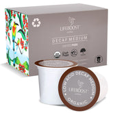 Lifeboost Organic Decaf K-Cups box front highlights low-acid flavor.