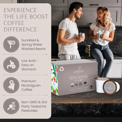 Lifeboost decaf pods in a cup illustrate convenient single-serve coffee.