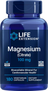 Life Extension Magnesium Citrate 100mg bottle with capsules for convenient mineral support.