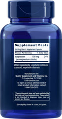 Life Extension Magnesium Citrate capsules closeup highlighting 100 mg element per capsule.
