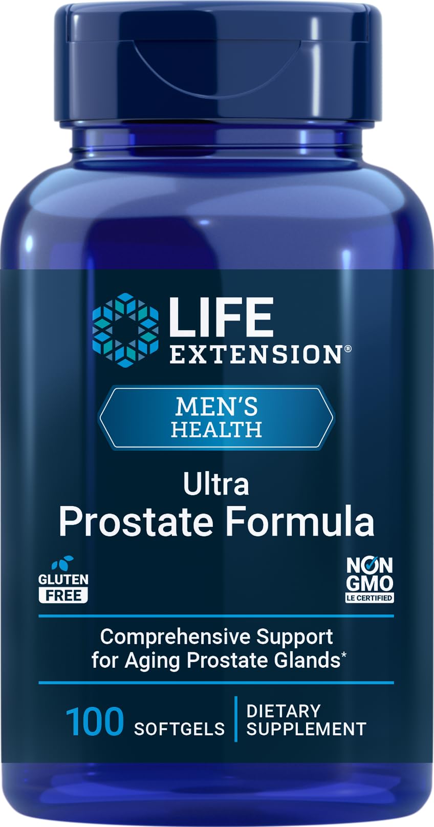 Life Extension Ultra Prostate Formula bottle highlighting 100 softgels for urinary support.