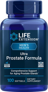 Life Extension Ultra Prostate Formula bottle highlighting 100 softgels for urinary support.