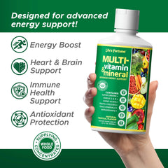 Life's Fortune label closeup highlights tropical flavor and sugar-free formula.