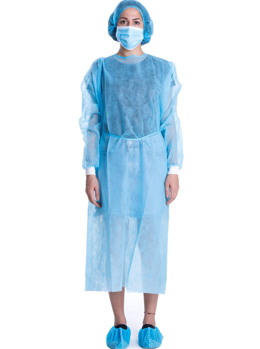 LIFESOFT disposable isolation gown front view showing knit cuff and secure waist ties for secure comfort