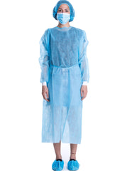 LIFESOFT disposable isolation gown front view showing knit cuff and secure waist ties for secure comfort