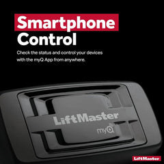 LiftMaster 828LM MyQ compatibility icon demonstrates broad device support.
