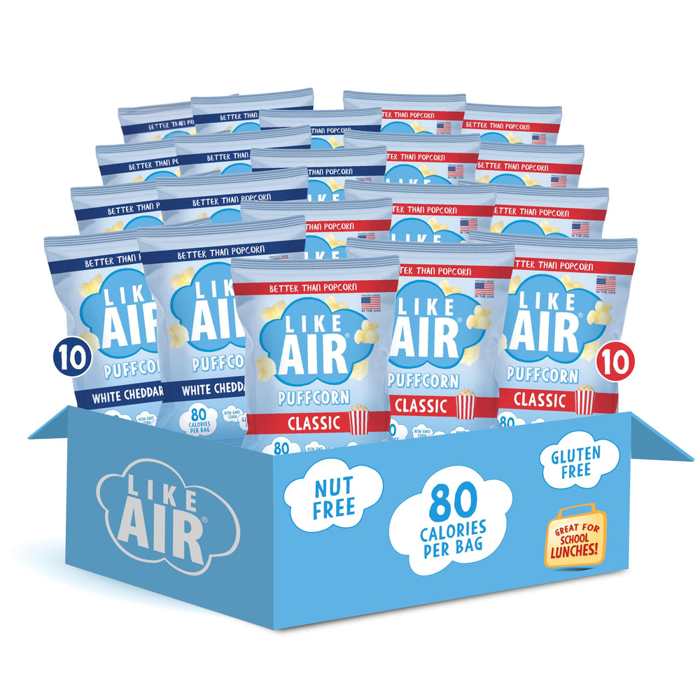 Like Air Puffcorn White Cheddar bags show a light, crave-worthy snack for on-the-go moments.
