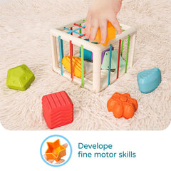 LiKee Shape Sorter shapes being sorted through holes encourages shape recognition and problem solving.