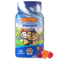 Lil Critters Paw Patrol multivitamin bottle closeup shows kid-friendly gummies for daily immune support.