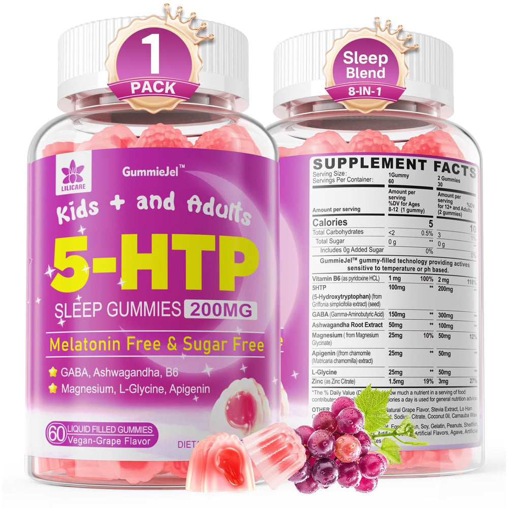 LILICARE 5HTP Gummies bottle: sleep support and sugar-free wellness for all ages.