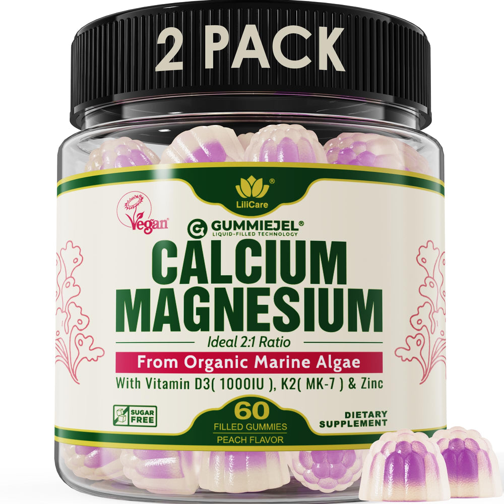 LILICARE Calcium Gummies 2-Pack packshot highlighting plant-based calcium for daily bone support