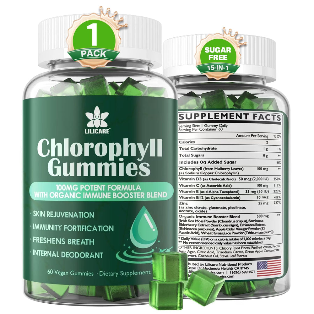 LILICARE Chlorophyll Gummies bottle close-up highlighting vegan nutrition for daily energy.