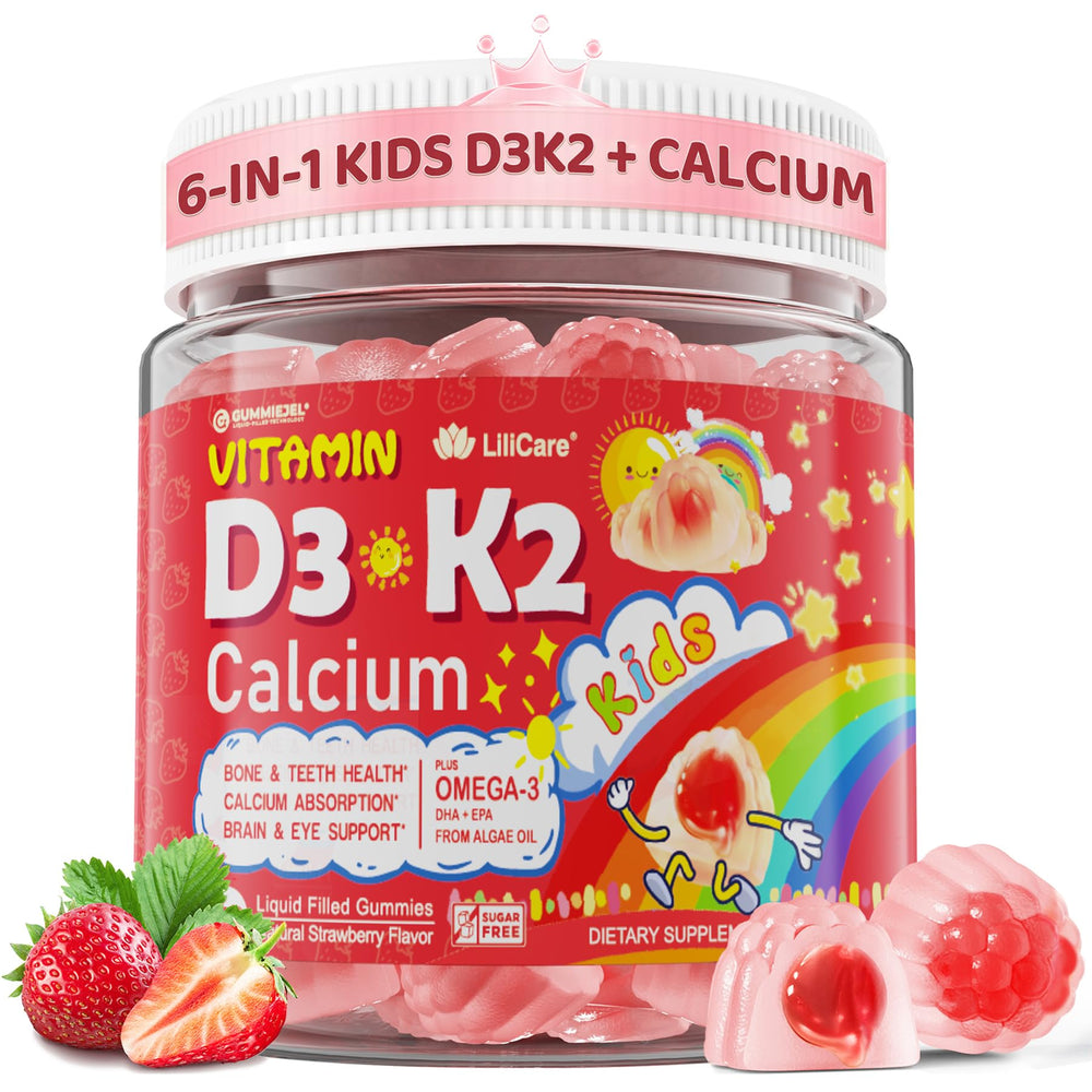 LILICARE D3K2 calcium gummies bottle close-up for bone support and growth