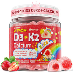 LILICARE D3K2 calcium gummies bottle close-up for bone support and growth