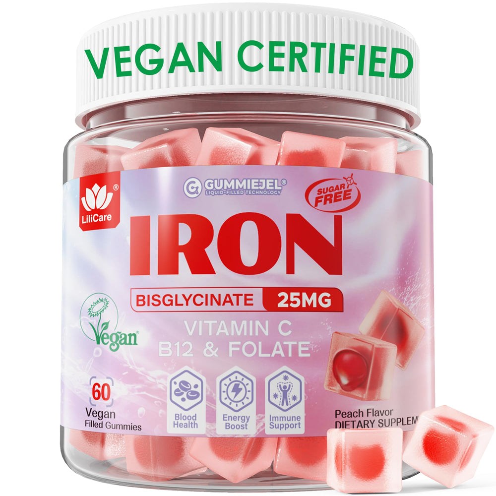LILICARE iron gummies bottle shows a sugar-free iron option for daily energy support.