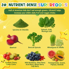 LILICARE gummies ingredients scene illustrating 20 organic fruits and vegetables.